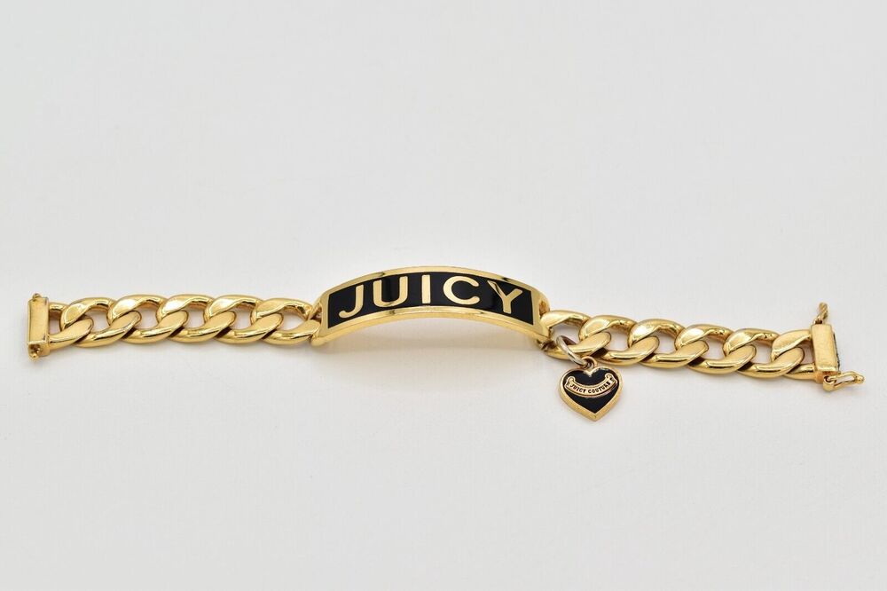 Juicy Couture Vintage ID Bracelet Gold Black Enamel Logo Chunky Signed Y2K BinO